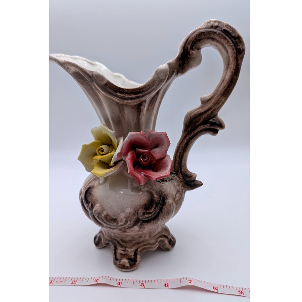 Vintage Capodimonte Style Porcelain Pitcher Vase Crowned N Mark Floral Roses